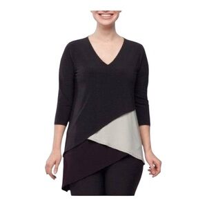 Sympli Sz 8 Elegant Colorblock V Neck Matrix Layer Asymmetric Hem 3/4 Sleeve top